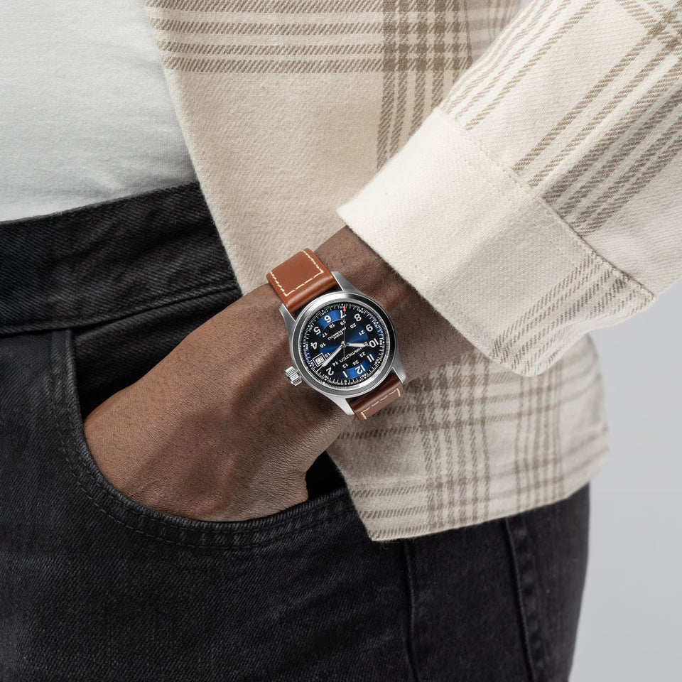 Hamilton Men's Khaki Field Leather Blue Dial Automatic 38mm Watch