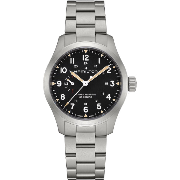 Hamilton Men's Khaki Field Mechanical Power Reserve 40mm Black Dial Watch