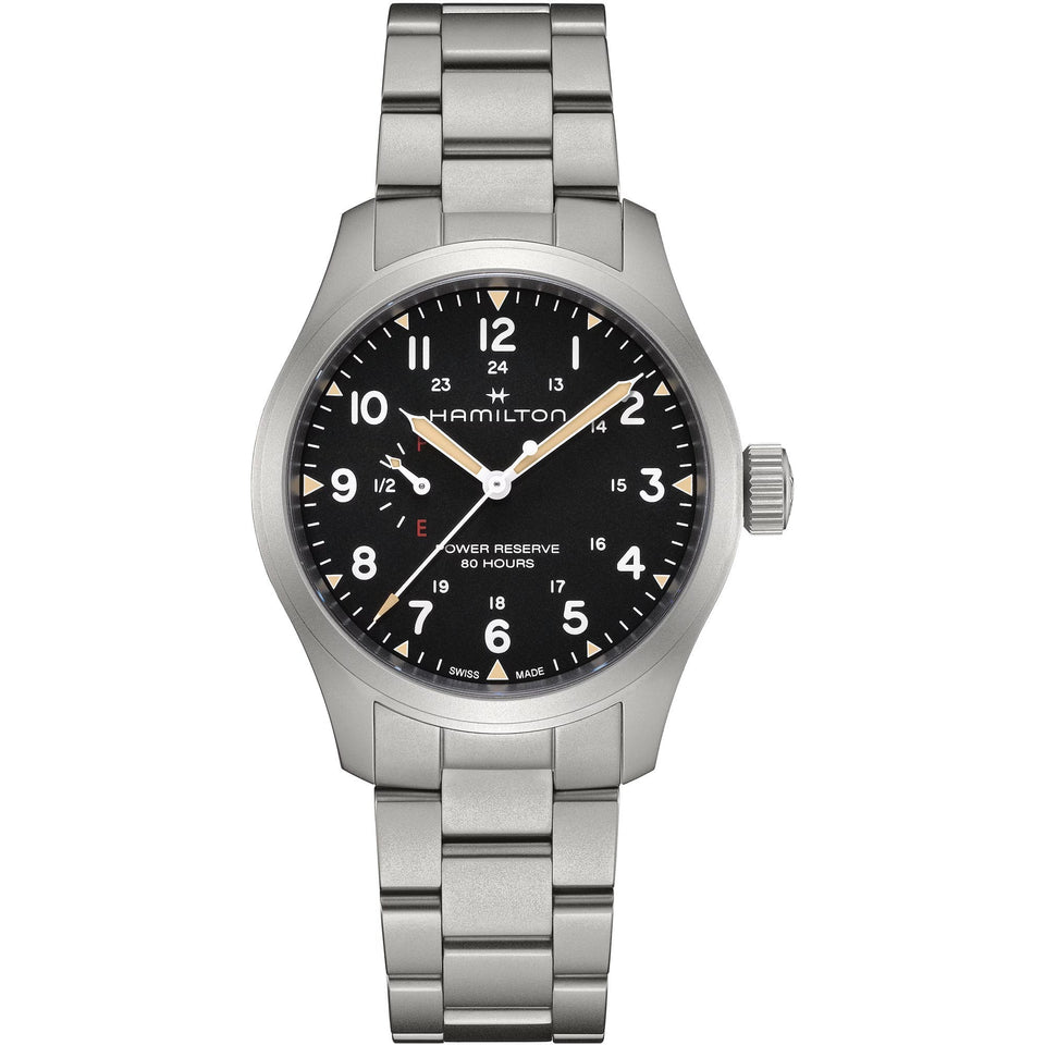 Hamilton Men's Khaki Field Mechanical Power Reserve 40mm Black Dial Watch