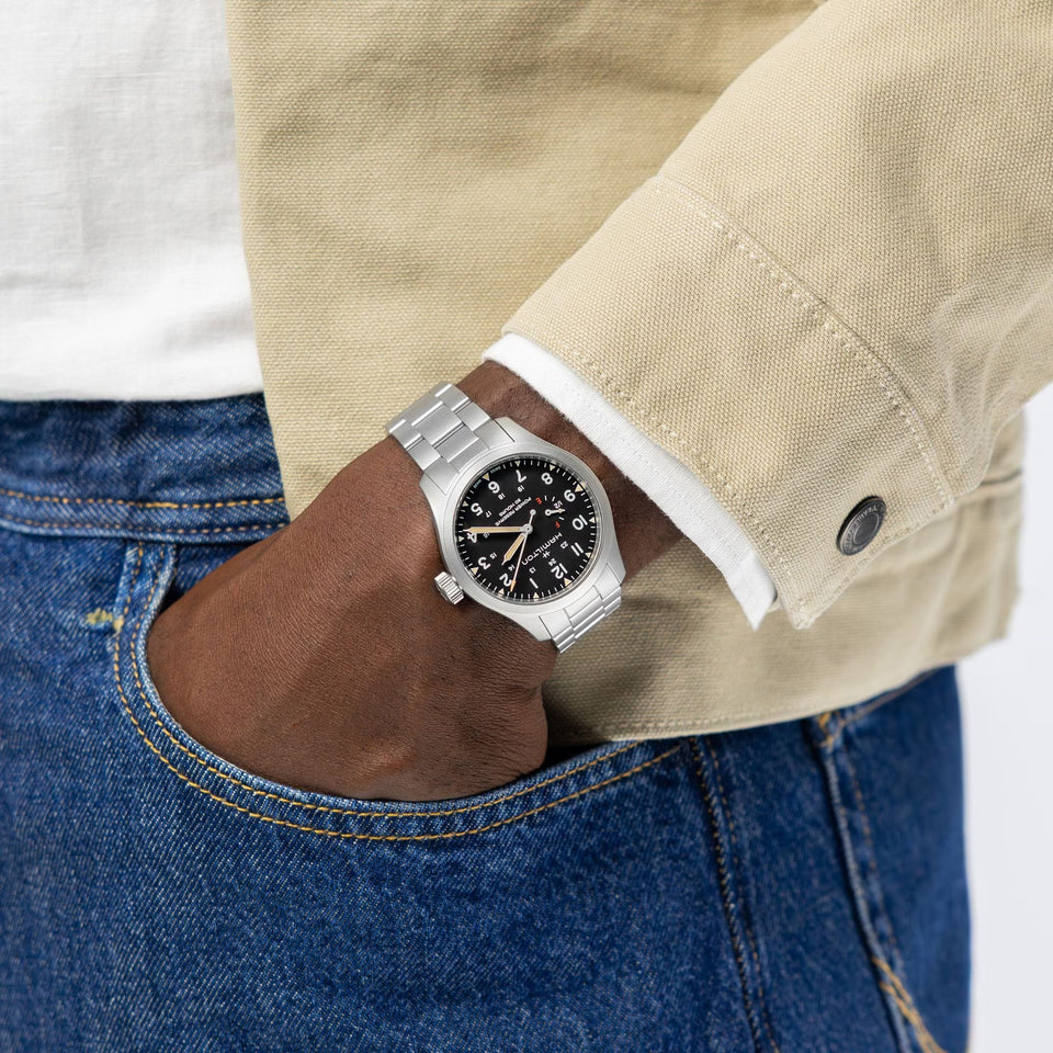 Hamilton Men's Khaki Field Mechanical Power Reserve 40mm Black Dial Watch