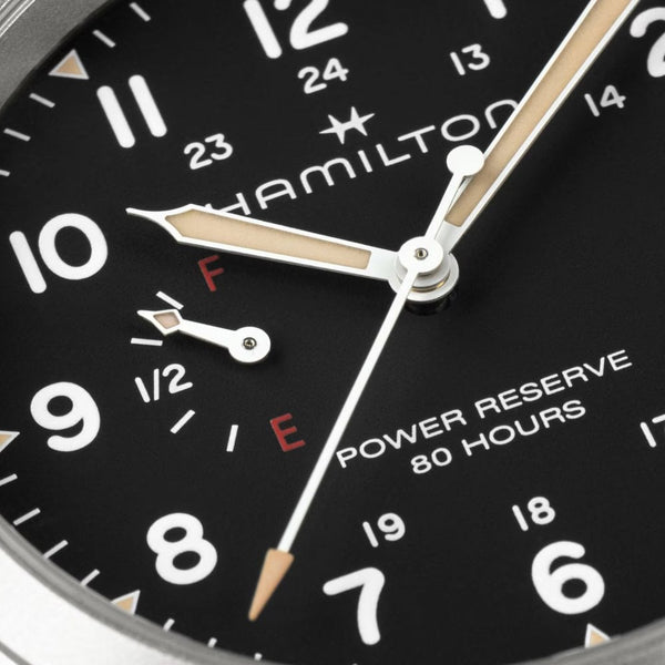 Hamilton Men's Khaki Field Mechanical Power Reserve 40mm Black Dial Watch