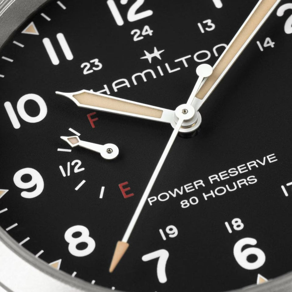 Hamilton Men's Khaki Field Mechanical Power Reserve 40mm Black Dial Watch