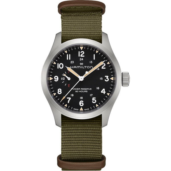 Hamilton Men's Khaki Field Mechanical Power Reserve Khaki Strap Black Dial Watch
