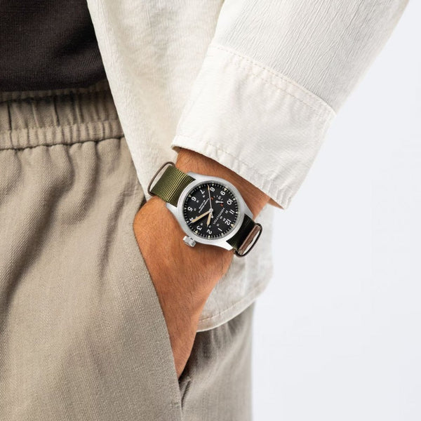 Hamilton Men's Khaki Field Mechanical Power Reserve Khaki Strap Black Dial Watch