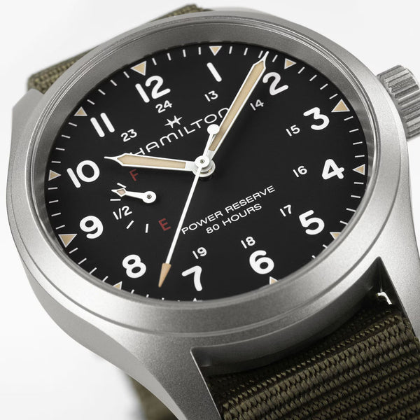 Hamilton Men's Khaki Field Mechanical Power Reserve Khaki Strap Black Dial Watch