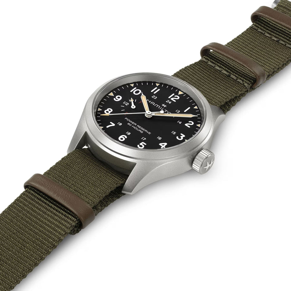 Hamilton Men's Khaki Field Mechanical Power Reserve Khaki Strap Black Dial Watch