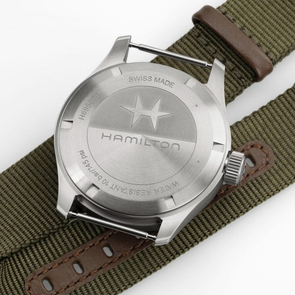 Hamilton Men's Khaki Field Mechanical Power Reserve Khaki Strap Black Dial Watch