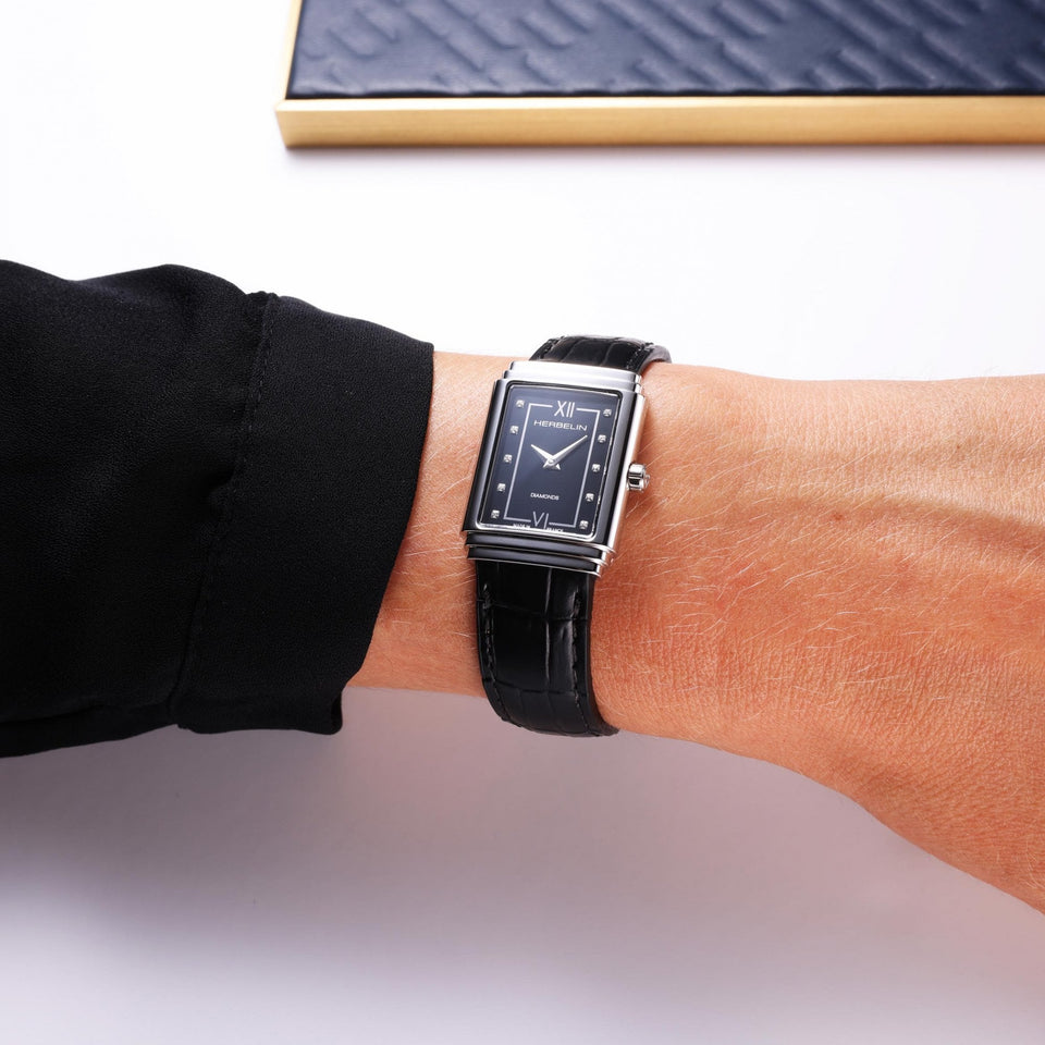 Herbelin Ladies ART DECO 1925 Diamond Black Strap Watch