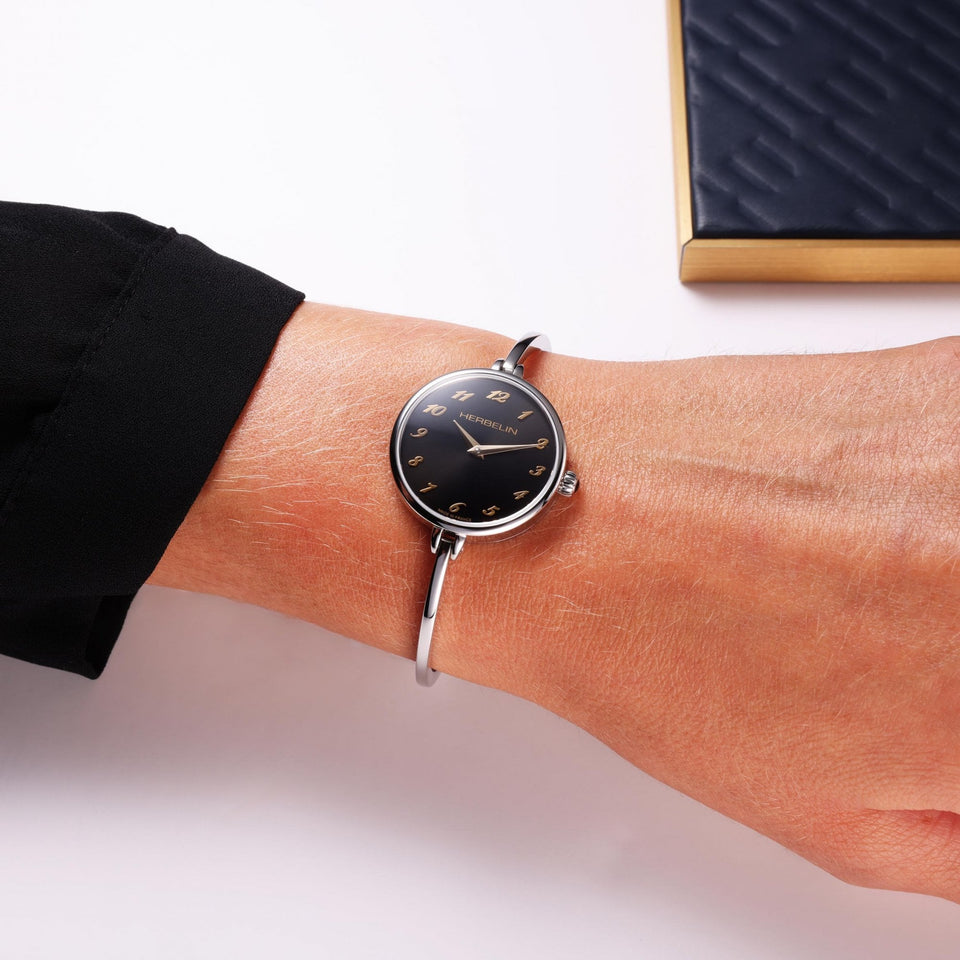 Herbelin Ladies FIL Black Dial Steel Bangle Watch