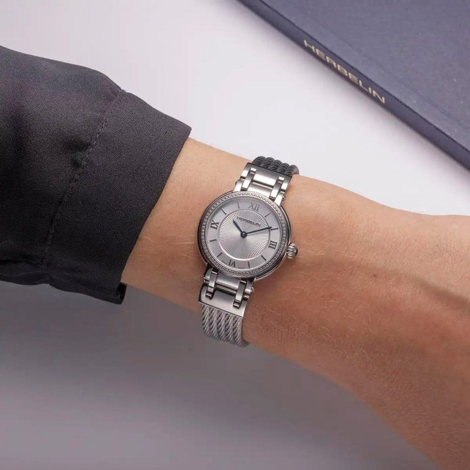 Herbelin Ladies GALET Stone Set Silver Dial 28mm Bracelet Watch