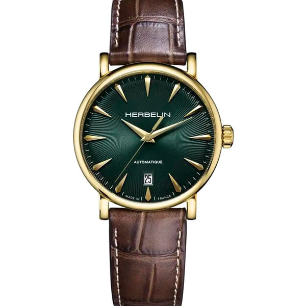 Herbelin Men's INSPIRATION Green Dial Gold PVD Brown Leather Watch