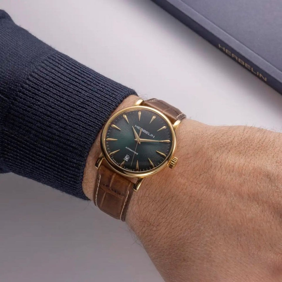 Herbelin Men's INSPIRATION Green Dial Gold PVD Brown Leather Watch