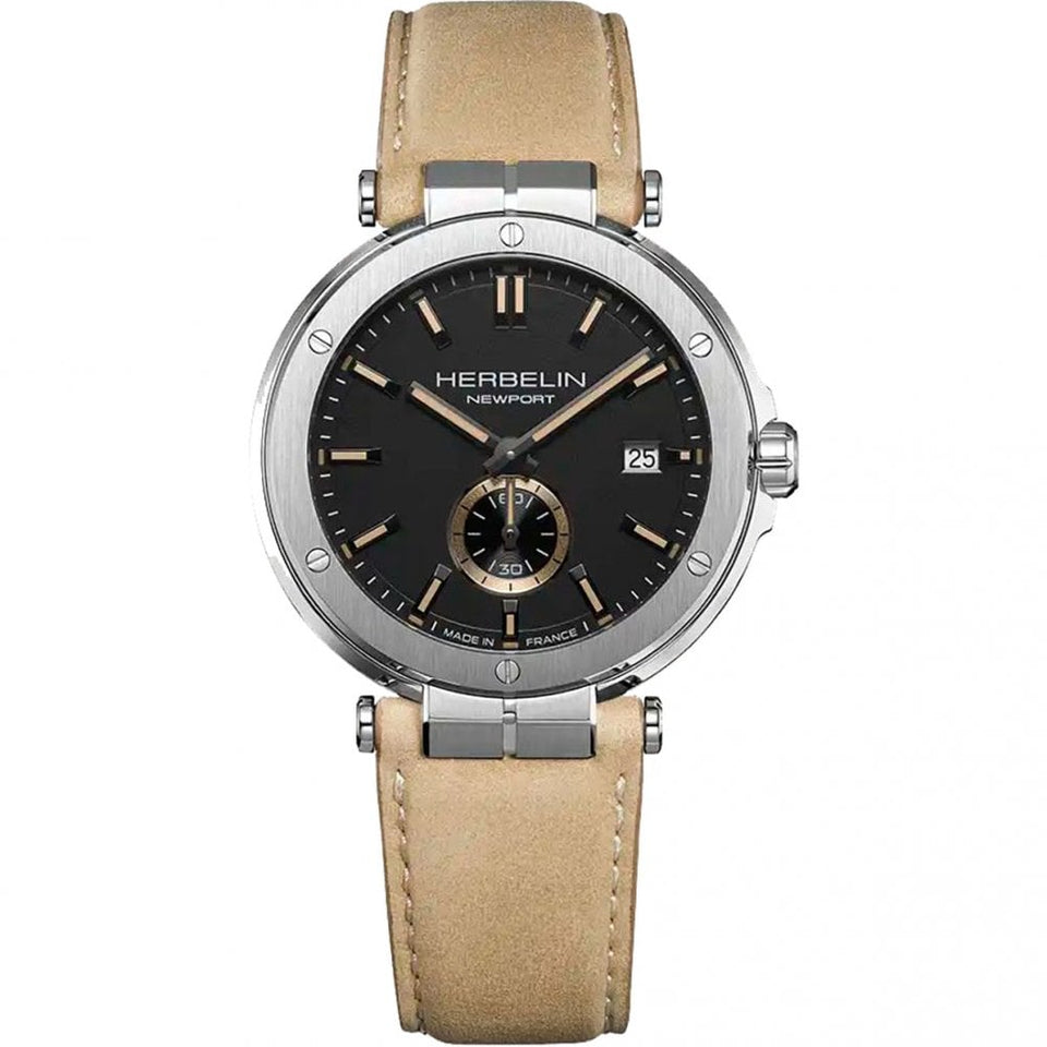 Herbelin Men's NEWPORT Black Dial Beige Leather Strap Watch