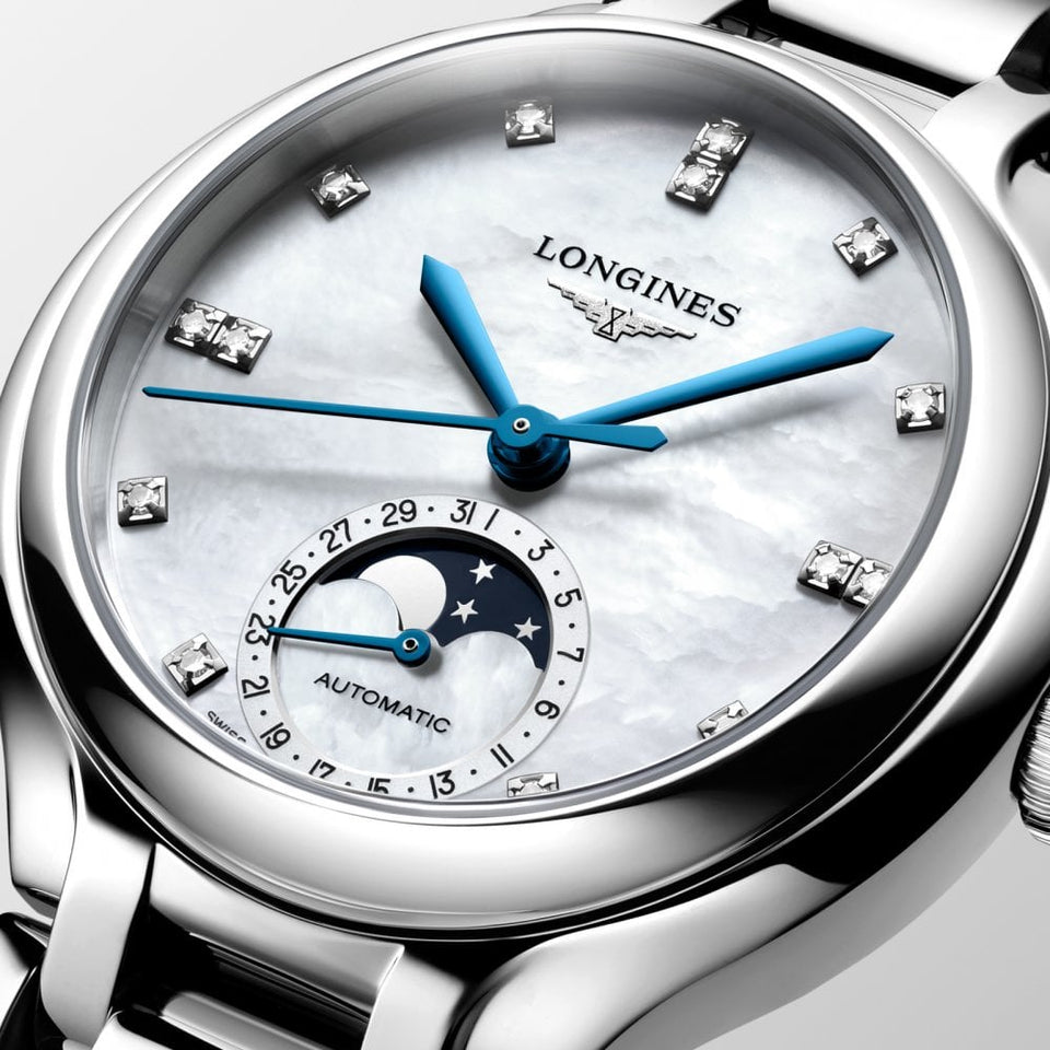 Longines Ladies PRIMALUNA Moonphase Automatic Diamond Set Mother of Pearl Watch