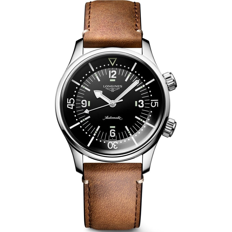 Longines LEGEND DIVER 39mm Automatic Black Dial Leather Strap Watch