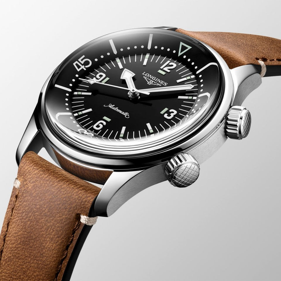 Longines LEGEND DIVER 39mm Automatic Black Dial Leather Strap Watch