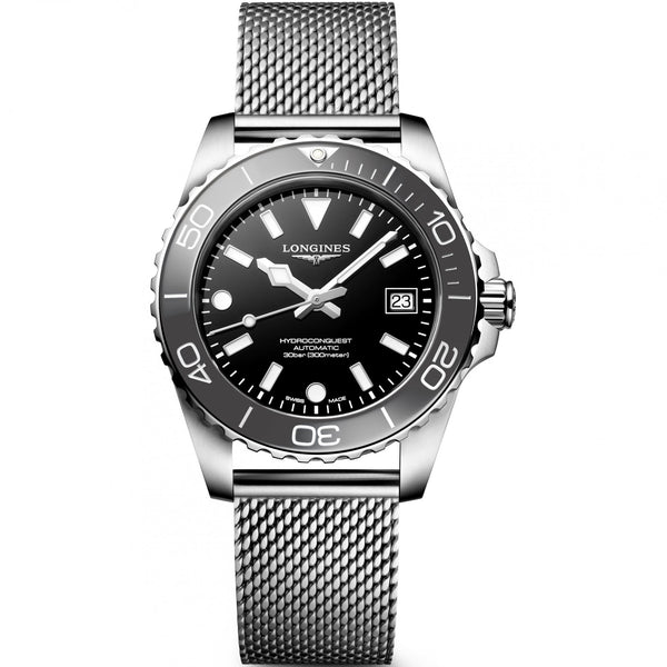 Longines Men's Hydroconquest 39mm Automatic Black Dial Mesh Bracelet Watch