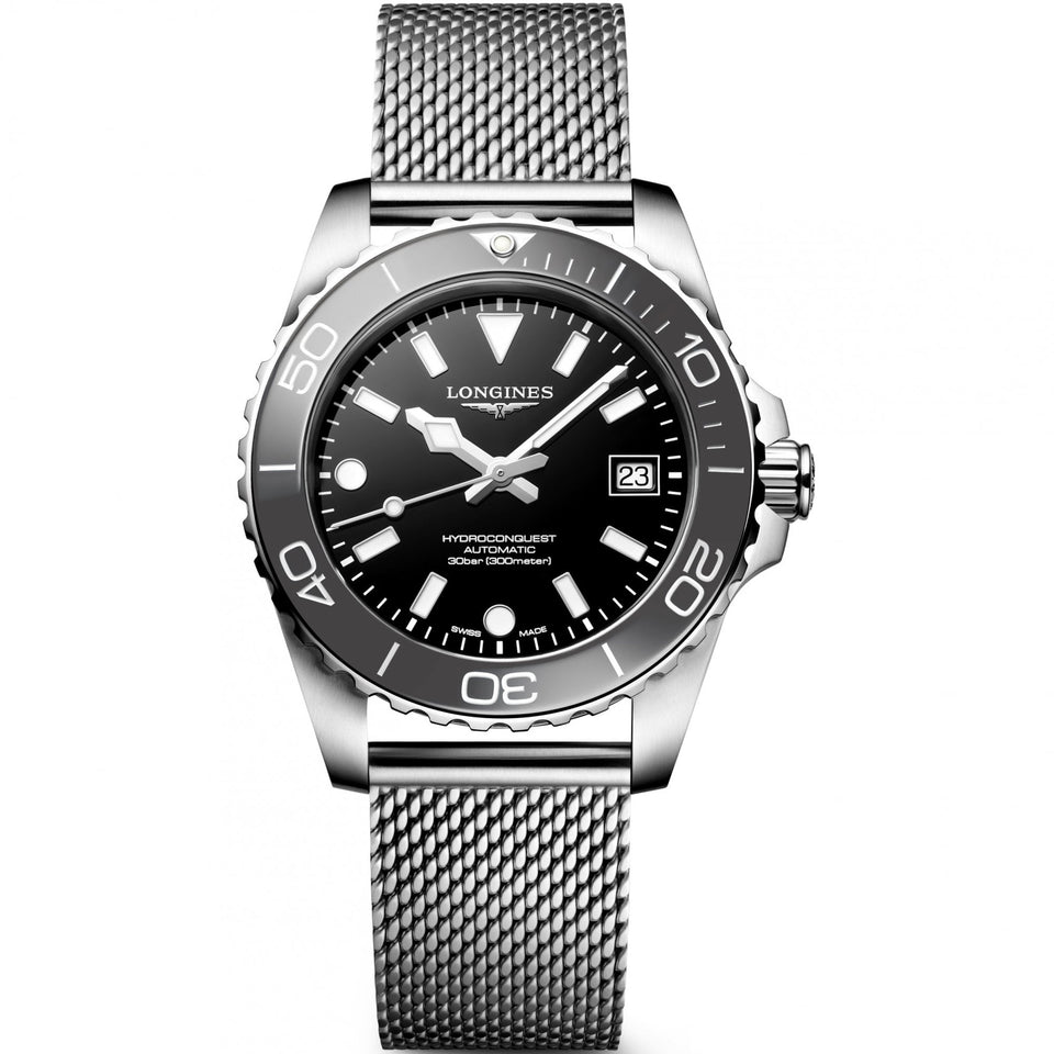 Longines Men's Hydroconquest 39mm Automatic Black Dial Mesh Bracelet Watch