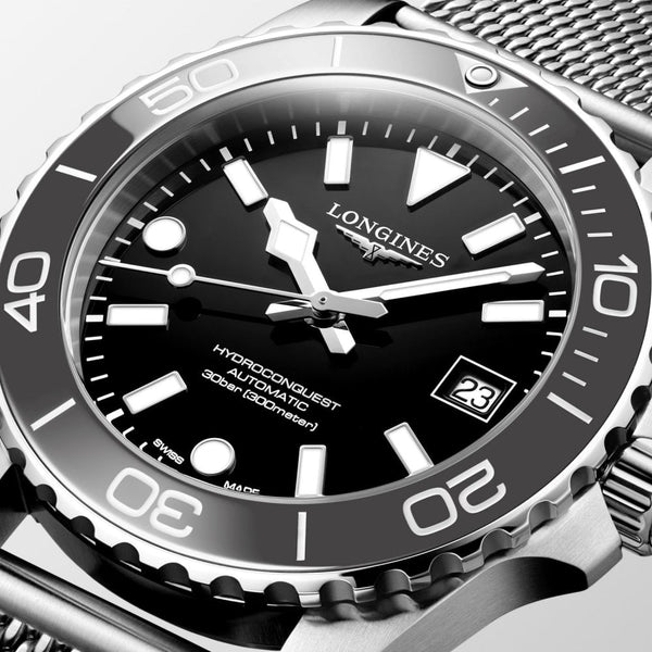 Longines Men's Hydroconquest 39mm Automatic Black Dial Mesh Bracelet Watch