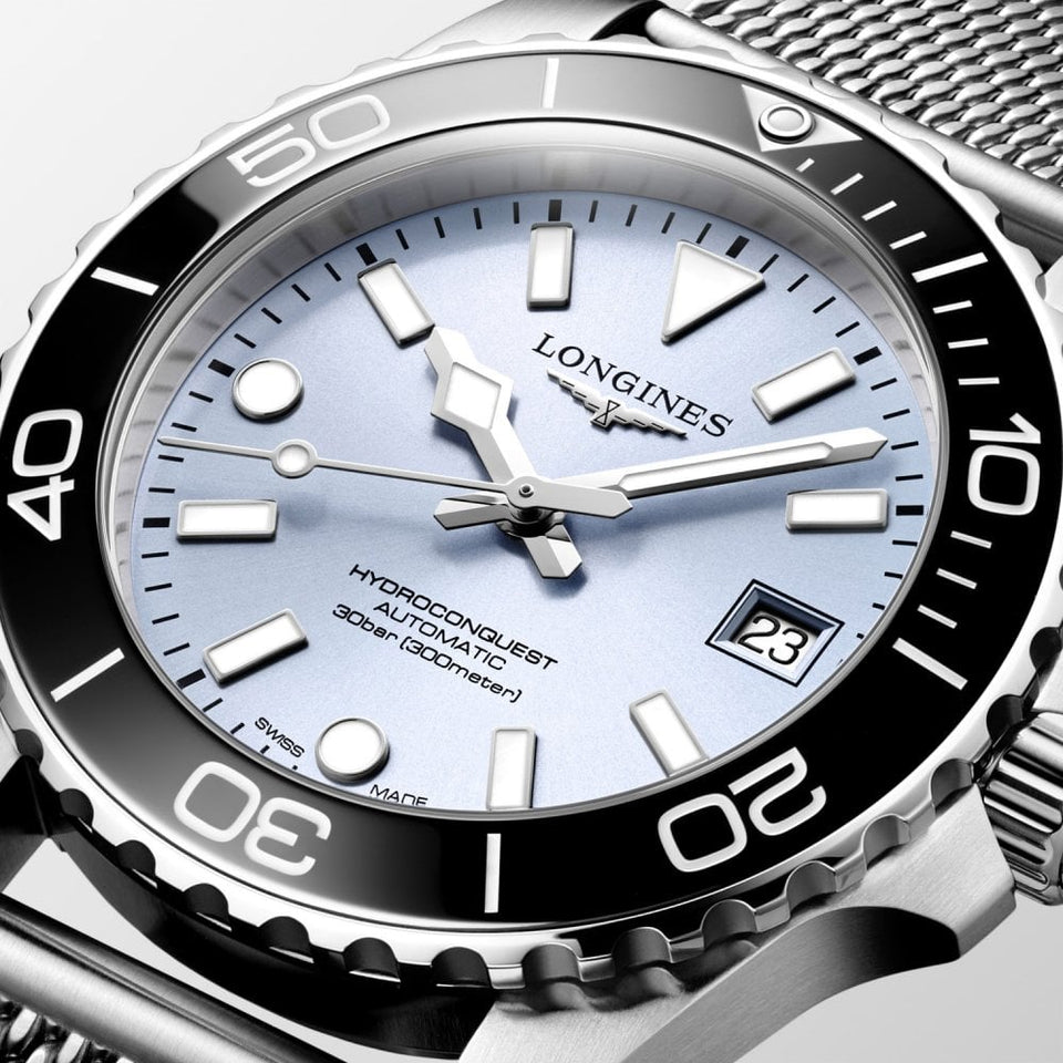 Longines Men's Hydroconquest 39mm Light Blue Dial Mesh Bracelet Watch