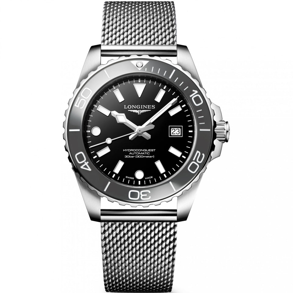 Longines Men's Hydroconquest 42mm Automatic Black Dial Mesh Bracelet Watch