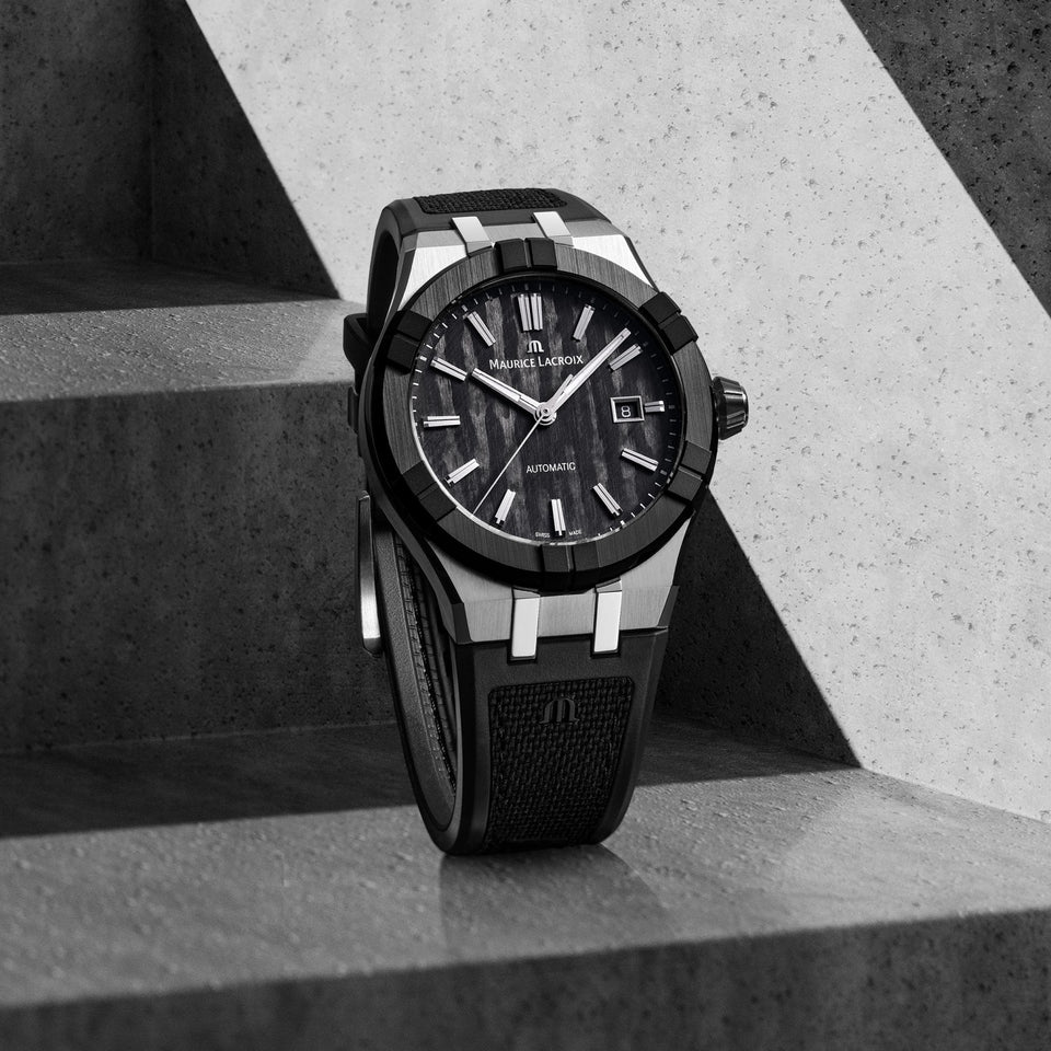 Maurice Lacroix Aikonic 43mm Automatic Carbon Dial Black Strap Watch