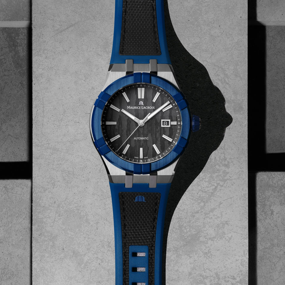 Maurice Lacroix Aikonic 43mm Automatic Carbon Dial Blue Strap Watch