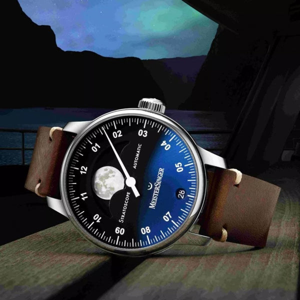 MeisterSinger Lunascope Single Hand Sunburst Blue Moonphase Watch