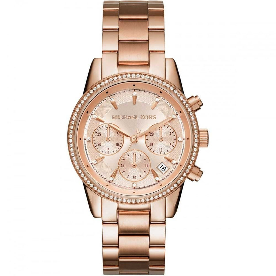 Michael Kors Ladies Bryant 37mm Rose Gold Plated Chronograph Watch