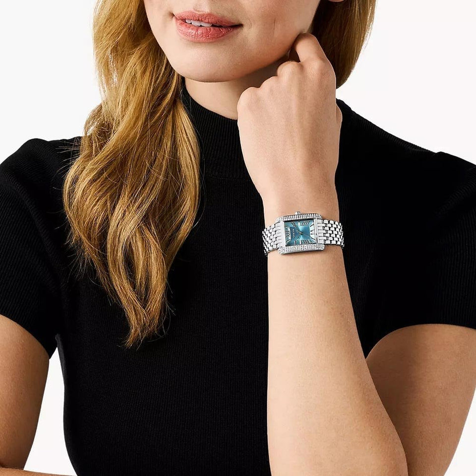 Michael Kors Ladies Emery Rectangle Blue Dial Bracelet Watch