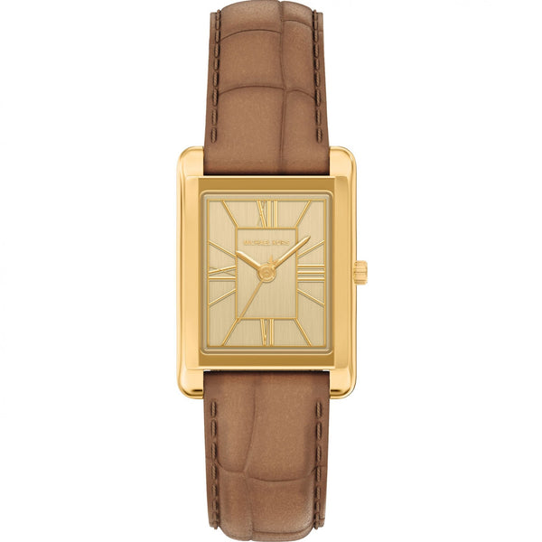 Michael Kors Ladies Essex Gold Toned Brown Leather Strap Watch