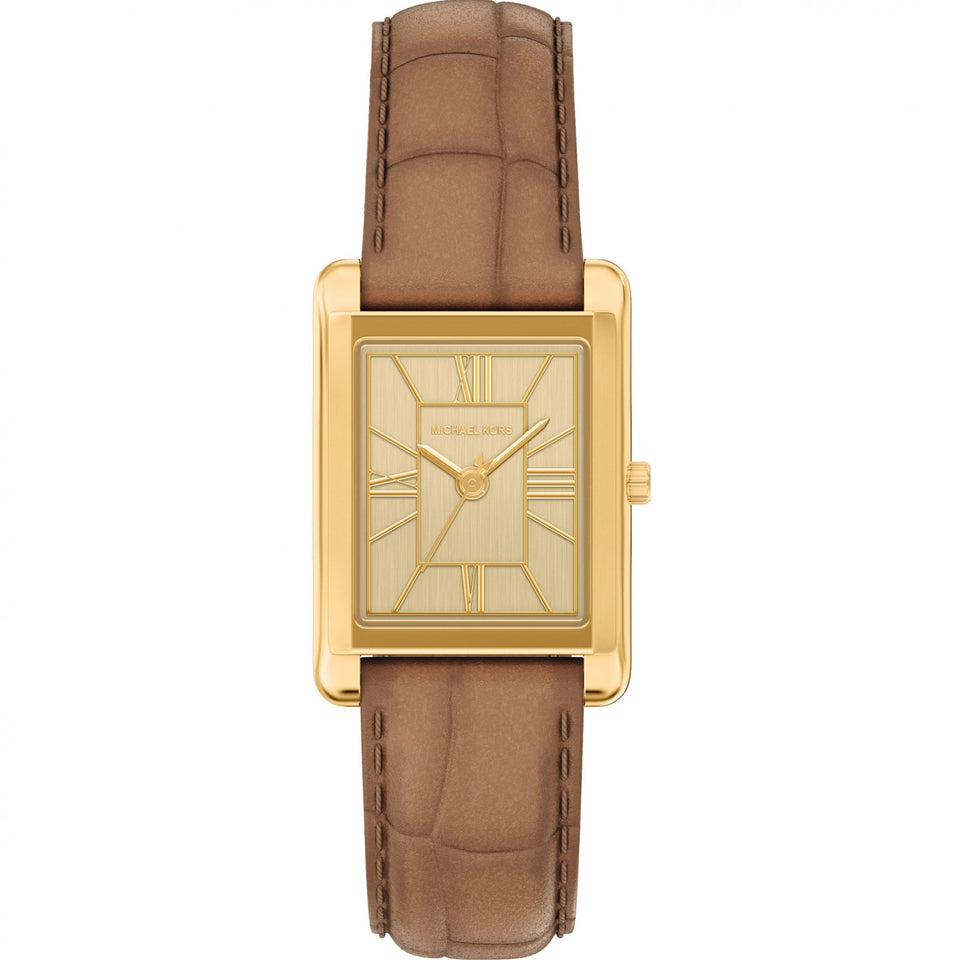 Michael Kors Ladies Essex Gold Toned Brown Leather Strap Watch