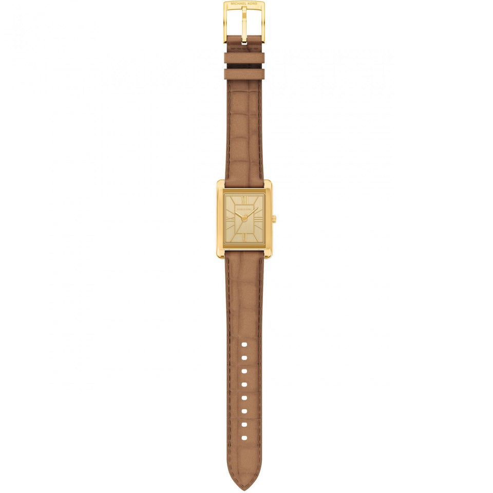 Michael Kors Ladies Essex Gold Toned Brown Leather Strap Watch