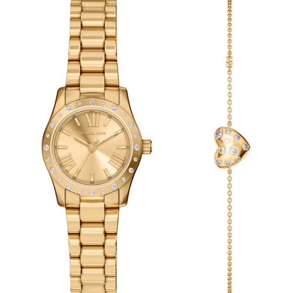 Michael Kors Ladies Lexington Stone Set Gold Plated Watch & Heart Bracelet Set