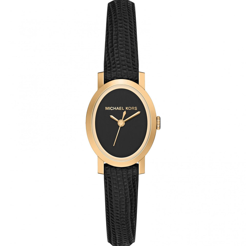 Michael Kors Ladies Maude Oval Black Dial Leather Strap Watch