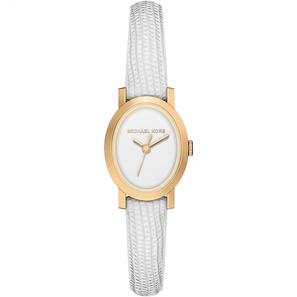 Michael Kors Ladies Maude Oval White Dial Leather Strap Watch