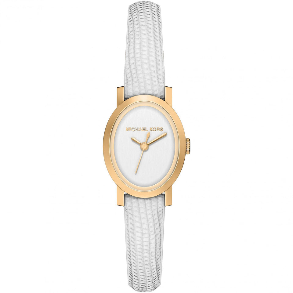 Michael Kors Ladies Maude Oval White Dial Leather Strap Watch