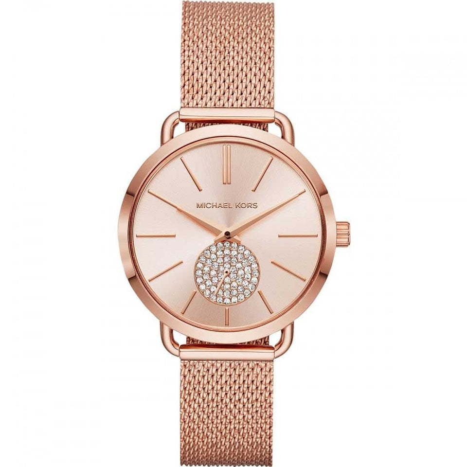 Michael Kors Ladies Portia 37mm Stone Set Rose Gold Mesh Bracelet Watch