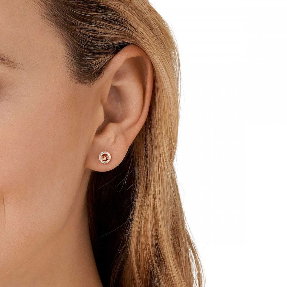 Michael Kors Ladies Premium Round Stone Set Rose Gold MK Stud Earrings