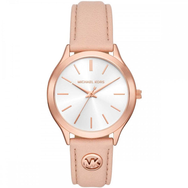 Michael Kors Ladies Slim Runway 38mm Rose Gold Leather Strap Watch