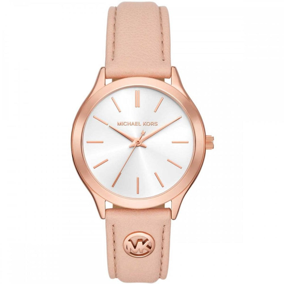 Michael Kors Ladies Slim Runway 38mm Rose Gold Leather Strap Watch