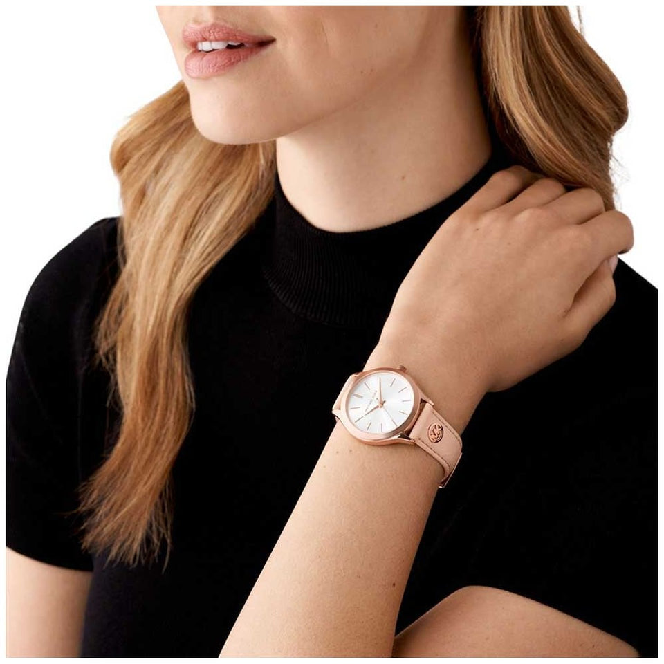 Michael Kors Ladies Slim Runway 38mm Rose Gold Leather Strap Watch