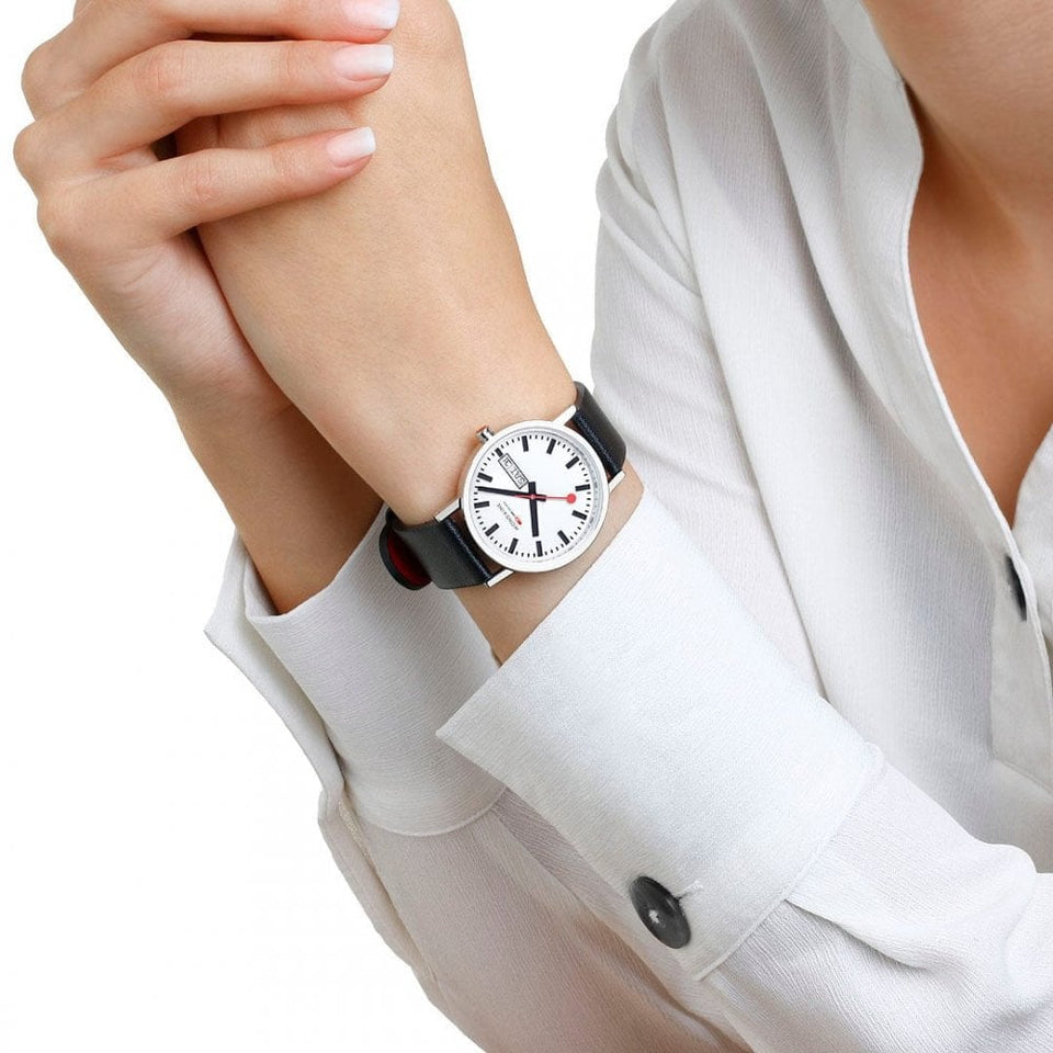 Mondaine Classic 36mm Day Date Vegan Grape Leather Strap Watch