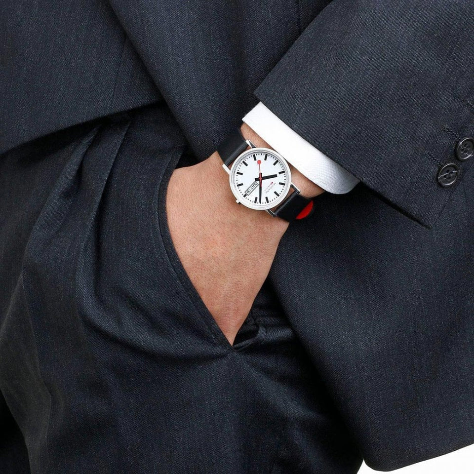 Mondaine Classic 36mm Day Date Vegan Grape Leather Strap Watch