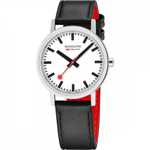 Mondaine Classic Polished 36mm Black Vegan Grape Leather Strap Watch