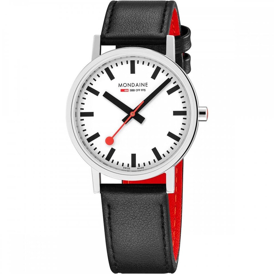 Mondaine Classic Polished 36mm Black Vegan Grape Leather Strap Watch