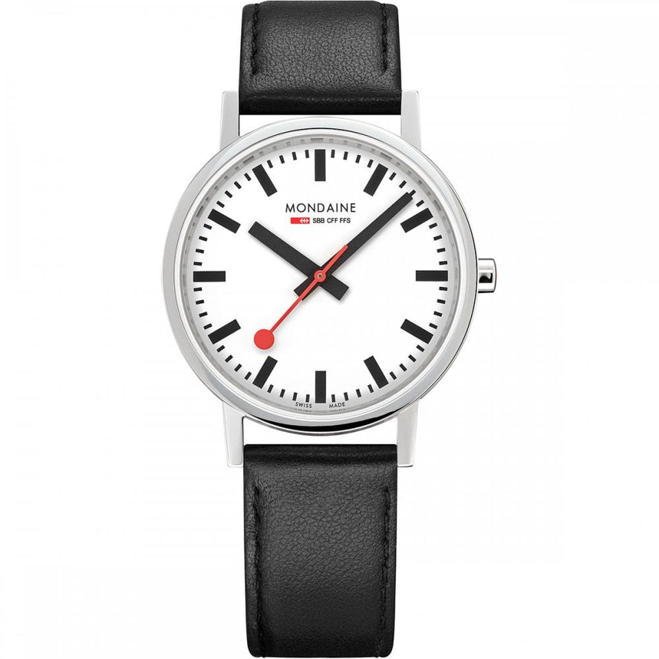 Mondaine Classic Polished 36mm Black Vegan Grape Leather Strap Watch