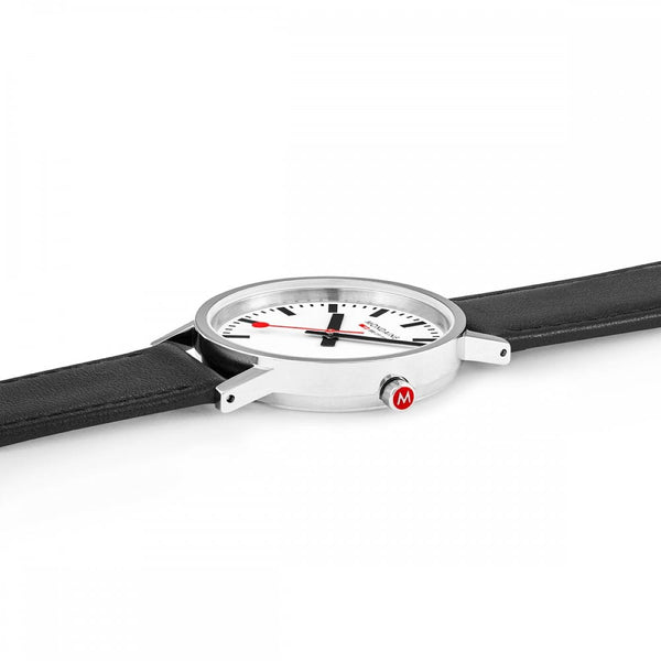 Mondaine Classic Polished 36mm Black Vegan Grape Leather Strap Watch