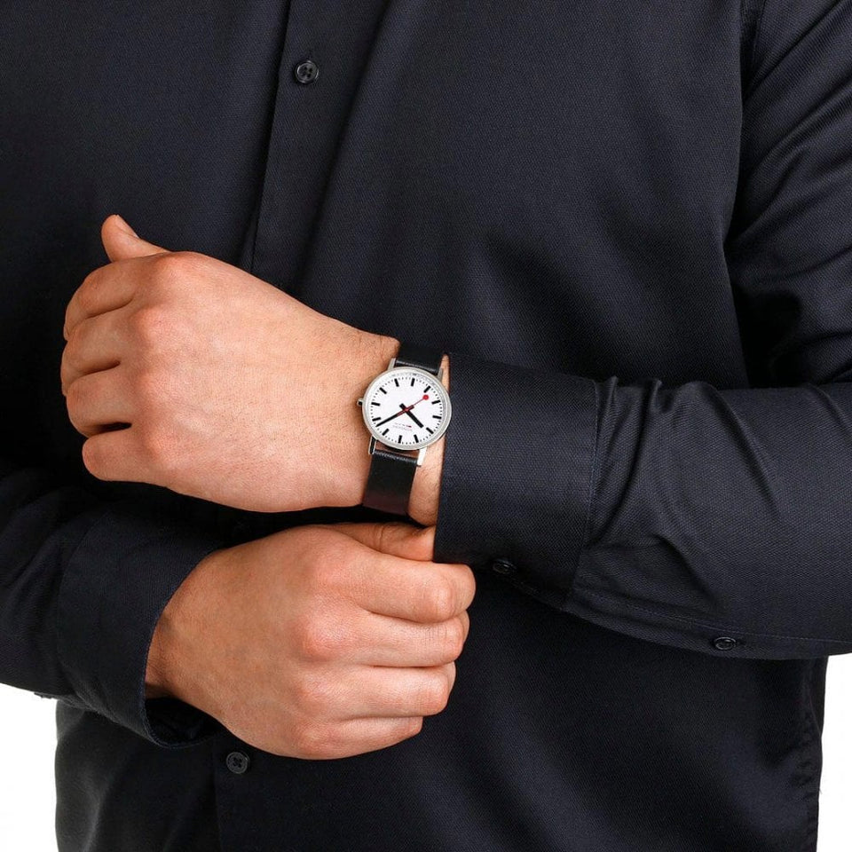 Mondaine Classic Polished 36mm Black Vegan Grape Leather Strap Watch