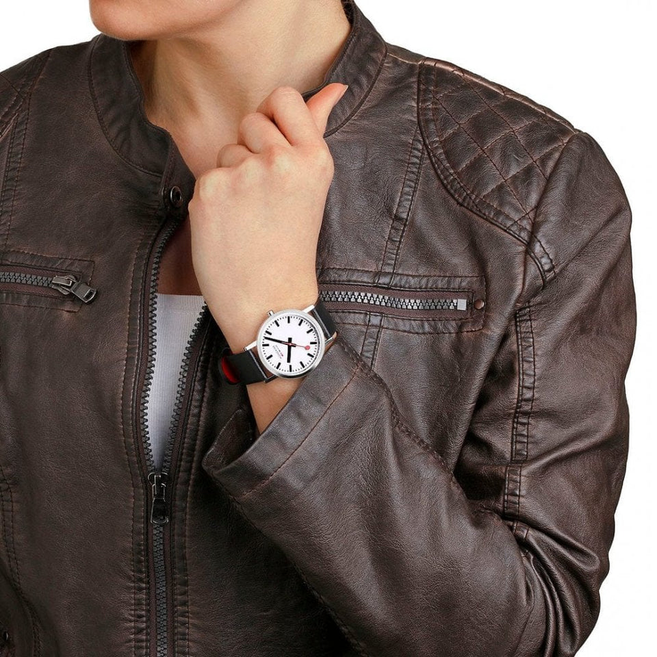 Mondaine Classic Polished 36mm Black Vegan Grape Leather Strap Watch